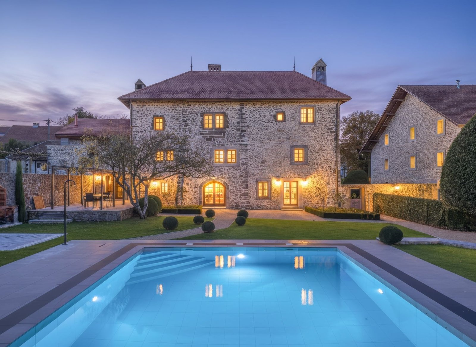 Château de Crâche — façade au crépuscule, piscine chauffée, Haute-Savoie