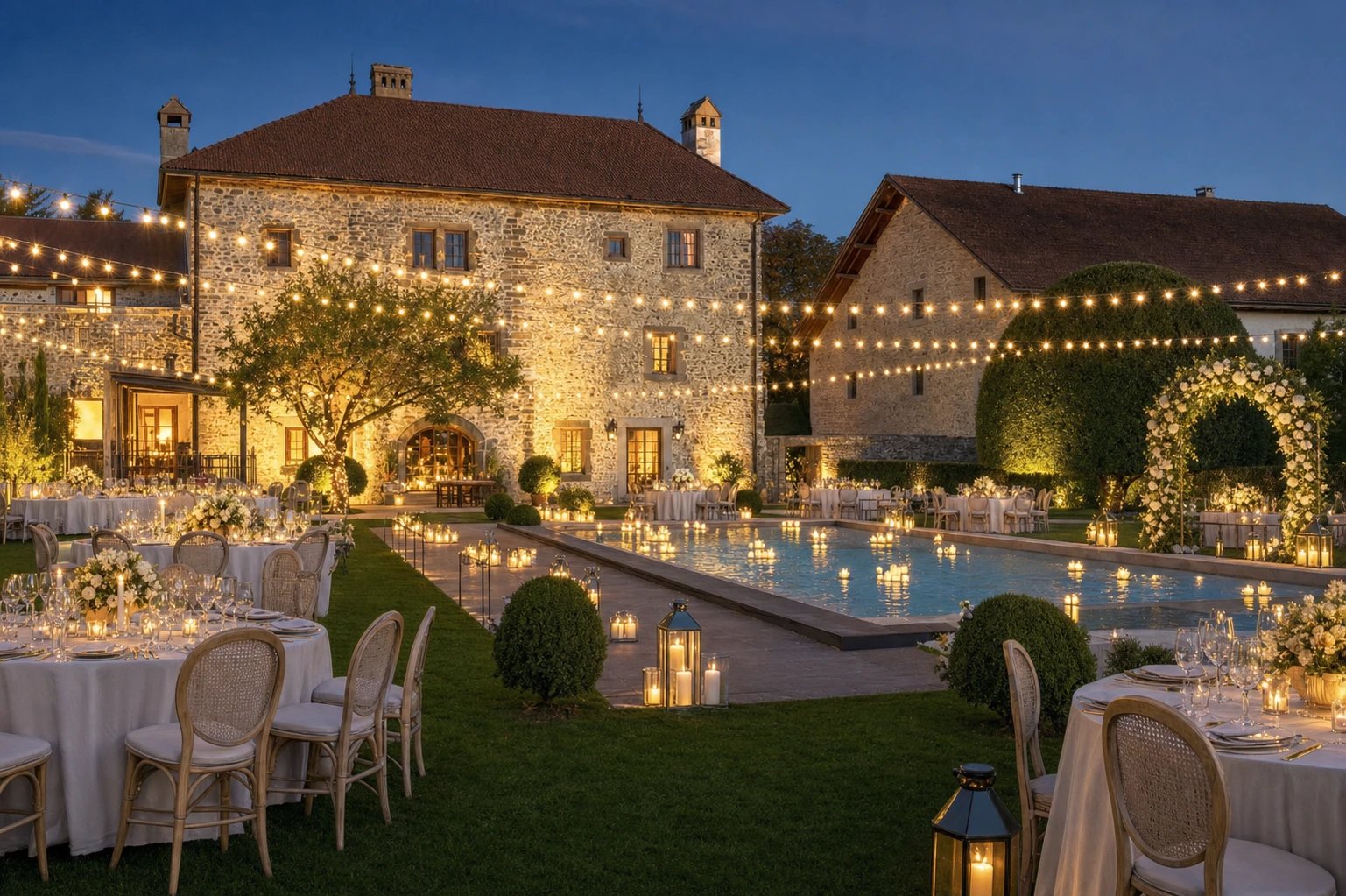 Réception de mariage au Château de Crâche autour de la piscine illuminée